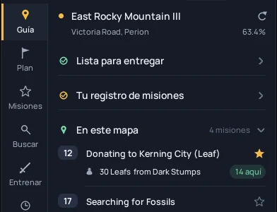 La página Guía con misiones listas para entregar, una búsqueda de objeto y las misiones de este mapa.
