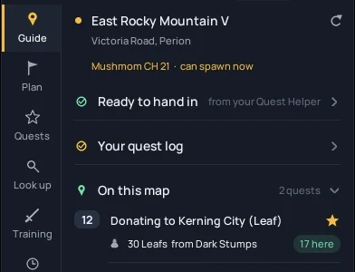 The Guide page with quests ready to hand in, an item hunt and quests on this map.