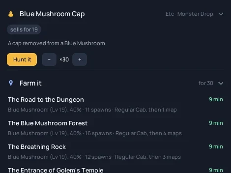 查询 Blue Mushroom Cap:刷满 30 个最快的地图