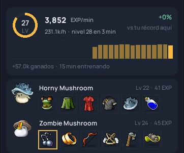 Rastreador de EXP por hora de MapleStory Classic en modo entrenamiento: EXP por minuto, la barra de nivel, los monstruos de aquí con imágenes y el siguiente jefe de campo.