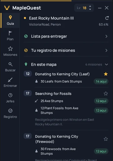 MapleQuest Tracker, un overlay rastreador de misiones de MapleStory Classic: el menú lateral, tu mapa y las misiones que puedes hacer aquí.