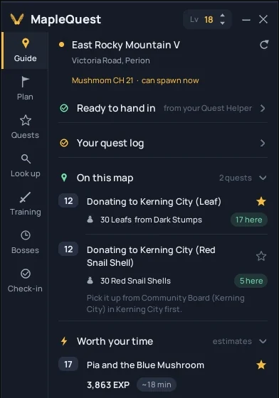 MapleQuest Tracker, a MapleStory Classic quest tracker overlay: the side menu, your map and the quests to do here.