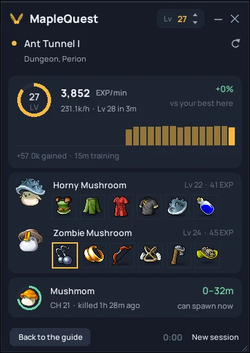 Training mode: EXP per minute, the monsters on your map with pictures and drops, and the next field boss, in one small window.