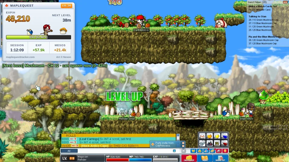 The MapleQuest Tracker stream overlay on top of MapleStory Classic: EXP per hour, the EXP bar with walking monsters, session, EXP and mesos, and the next field boss